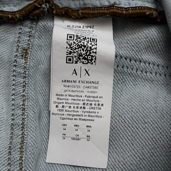 Armani Exchange Jeans Mens Size 34 J14 Skinny Fit Denim 5-Pockets Stretch Blue - Picture 6 of 7